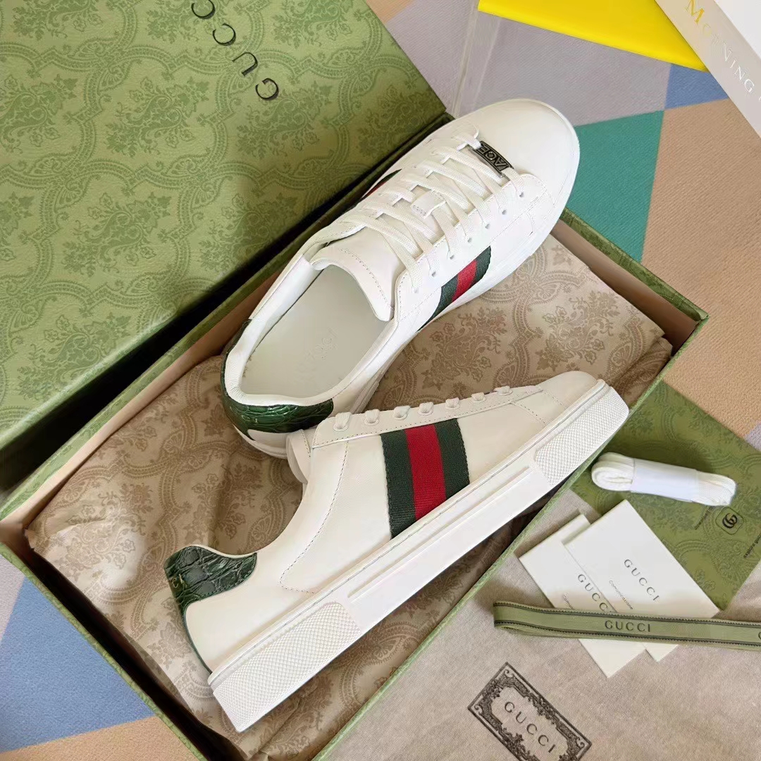 Gucci Unisex GG Ace Sneaker Web Blue White Leather Green Red Web Rubber Low Heel