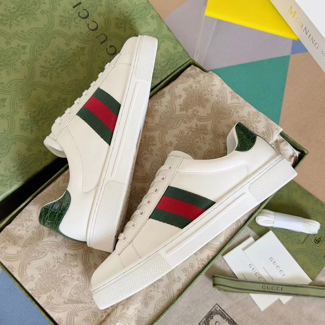 Gucci Unisex GG Ace Sneaker Web Blue White Leather Green Red Web Rubber Low Heel