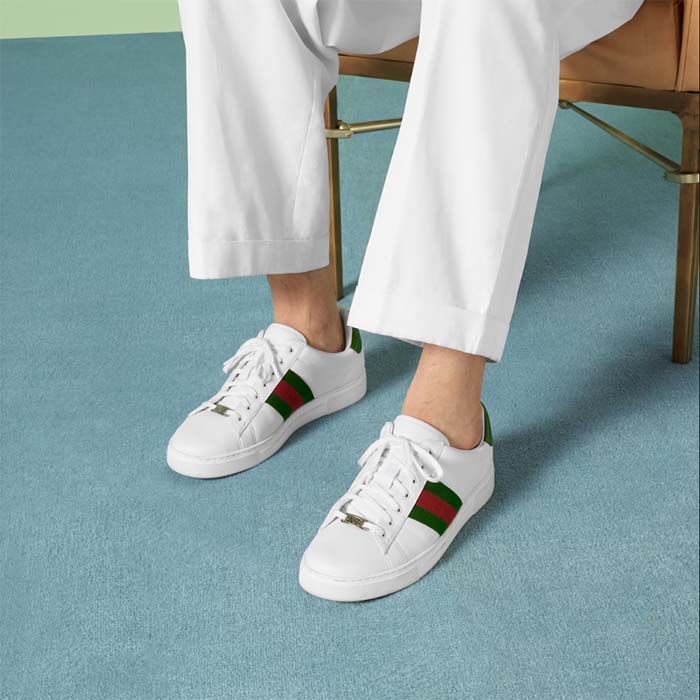 Gucci Unisex GG Ace Sneaker Web Blue White Leather Green Red Web Rubber Low Heel