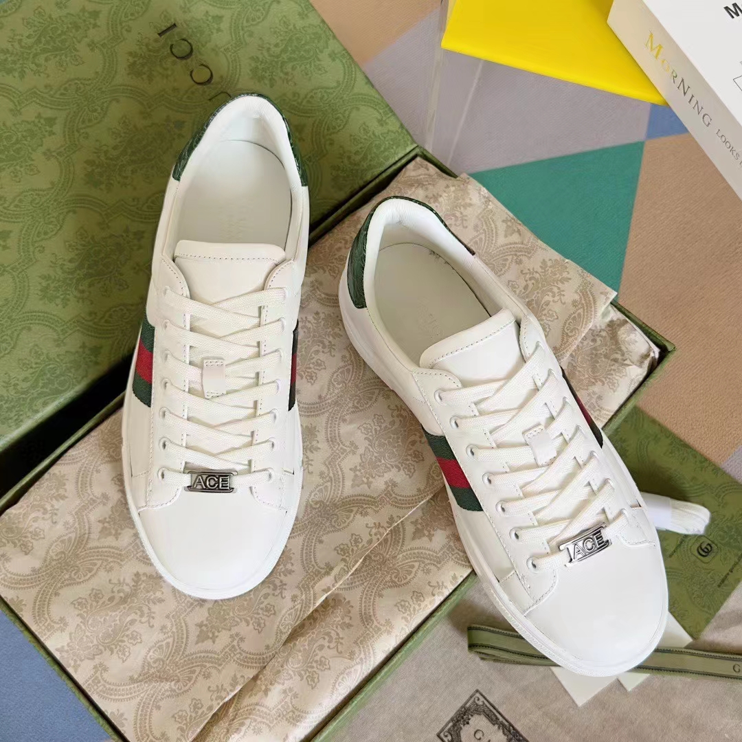Gucci Unisex GG Ace Sneaker Web Blue White Leather Green Red Web Rubber Low Heel