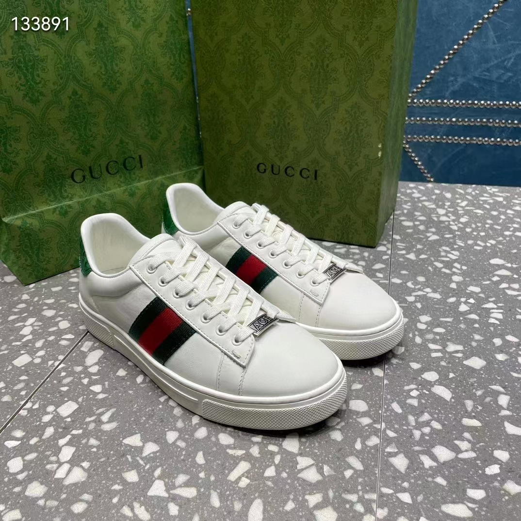 Gucci Unisex GG Ace Sneaker White Leather Green Red Web ‘ACE’ Metal Tag Rubber