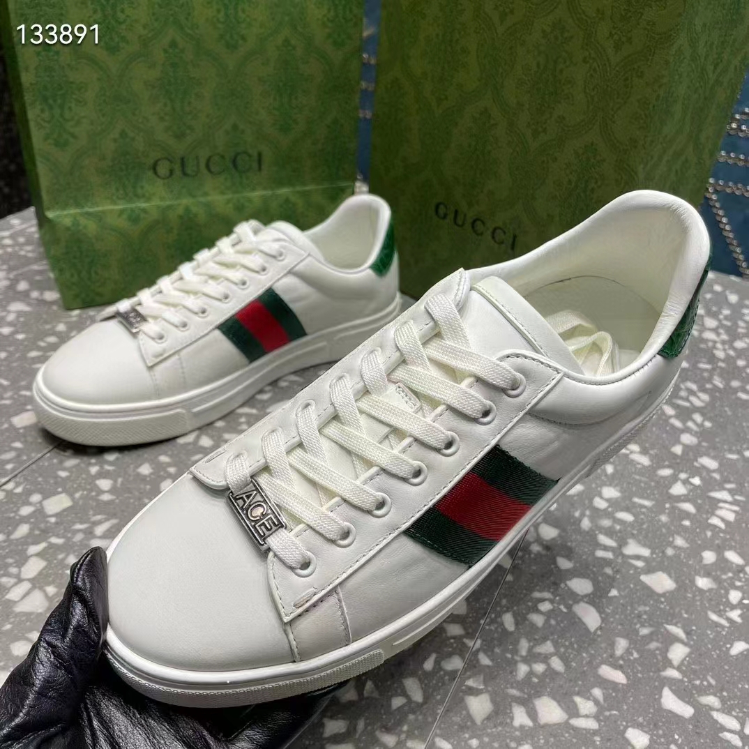 Gucci Unisex GG Ace Sneaker White Leather Green Red Web ‘ACE’ Metal Tag Rubber