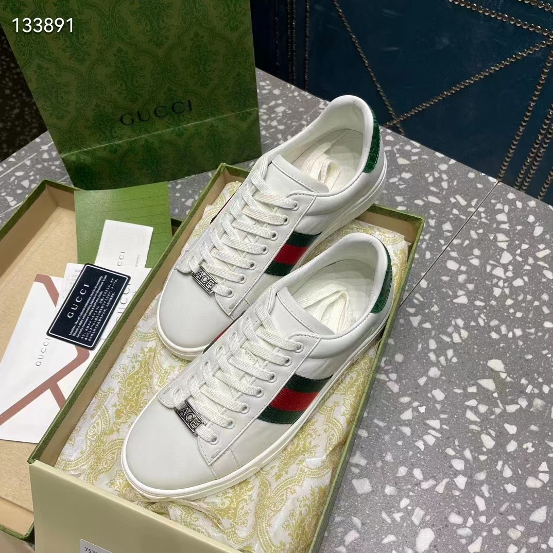 Gucci Unisex GG Ace Sneaker White Leather Green Red Web ‘ACE’ Metal Tag Rubber
