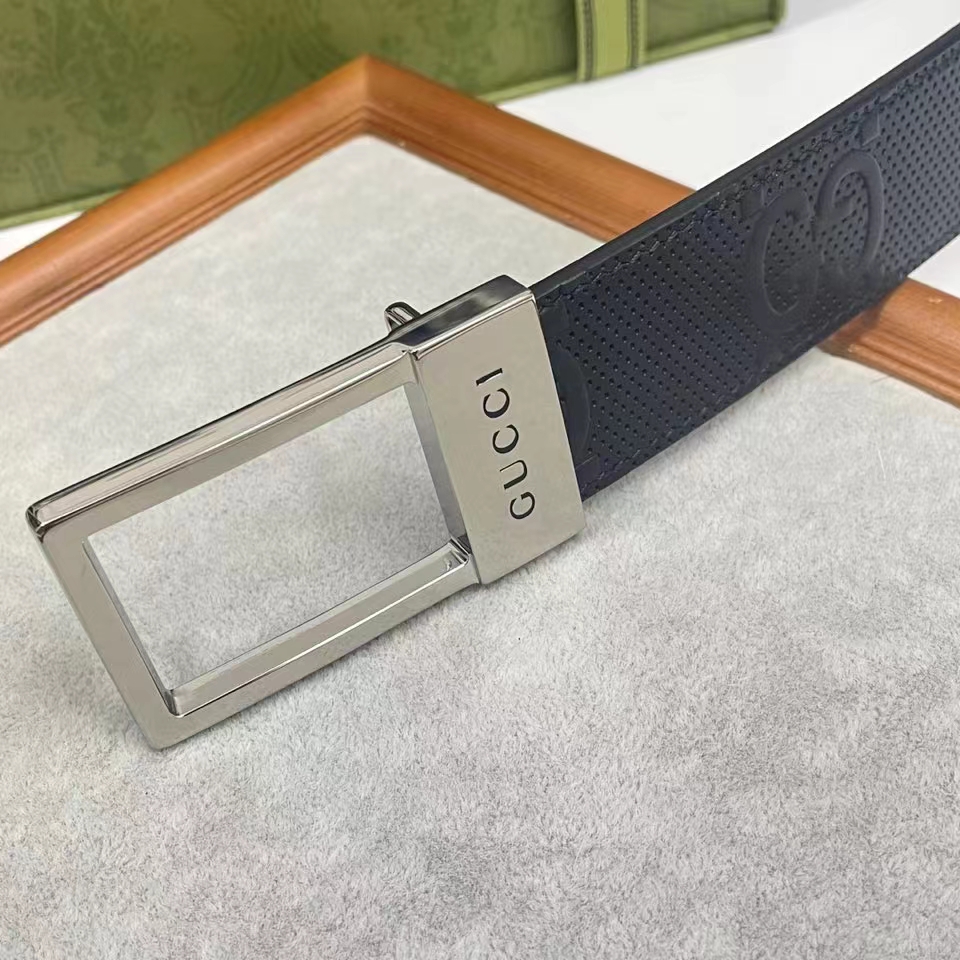 Gucci Unisex GG Belt Rectangular Buckle Black Leather 3.6 CM Width