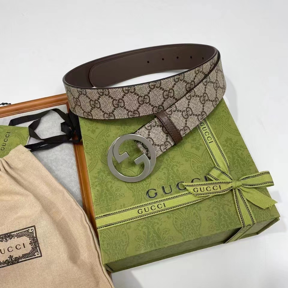 Gucci Unisex GG Blondie Belt Round Interlocking G Buckle Beige Ebony Supreme Canvas