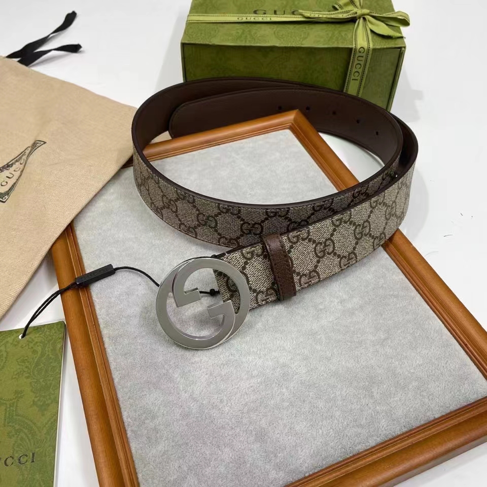 Gucci Unisex GG Blondie Belt Round Interlocking G Buckle Beige Ebony Supreme Canvas