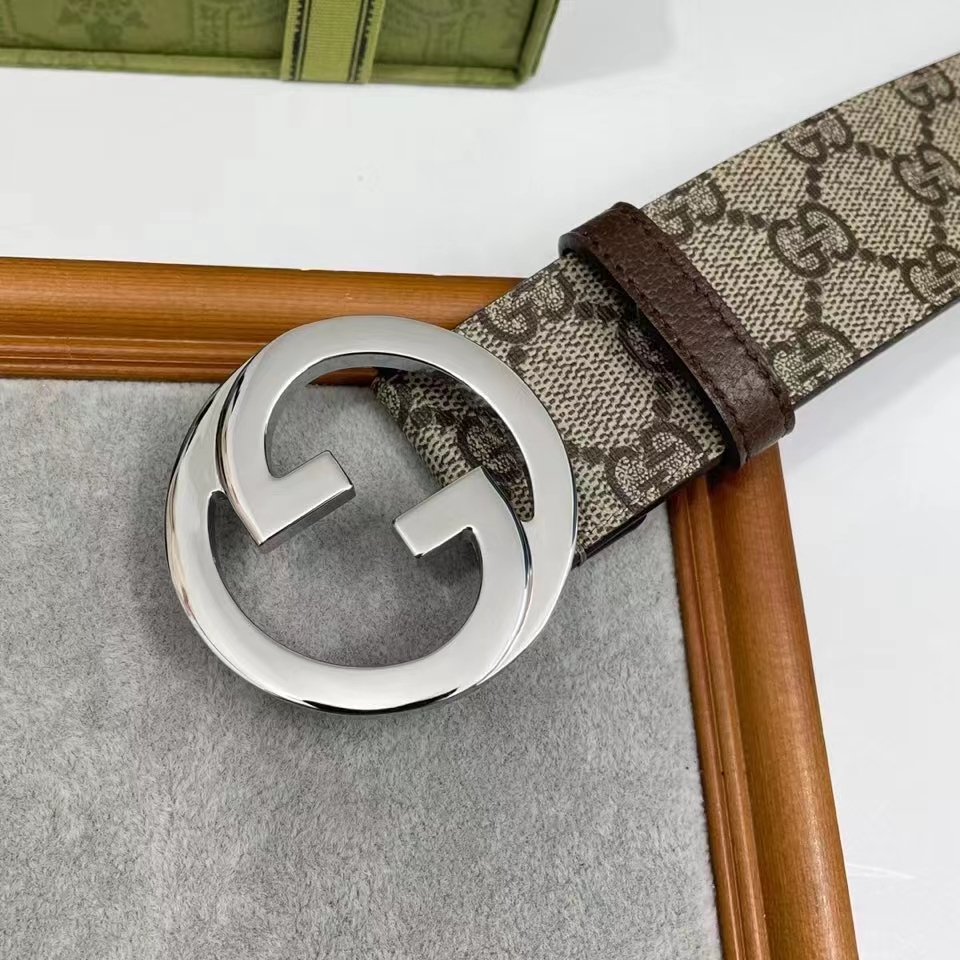 Gucci Unisex GG Blondie Belt Round Interlocking G Buckle Beige Ebony Supreme Canvas