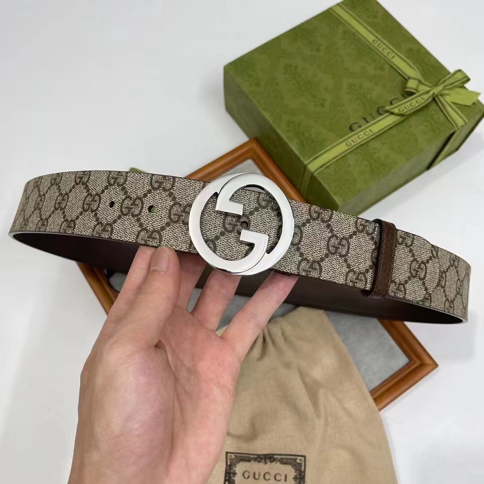 Gucci Unisex GG Blondie Belt Round Interlocking G Buckle Beige Ebony Supreme Canvas