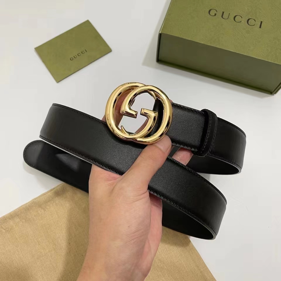 Gucci Unisex GG Blondie Belt Round Interlocking G Buckle Black Leather 4 CM Width