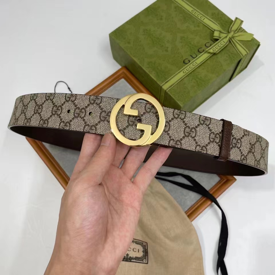 Gucci Unisex GG Blondie Belt Round Interlocking G Buckle Ebony Beige Supreme Canvas