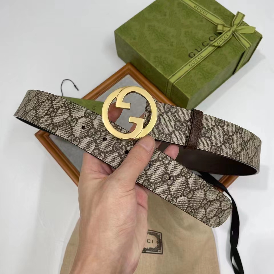 Gucci Unisex GG Blondie Belt Round Interlocking G Buckle Ebony Beige Supreme Canvas