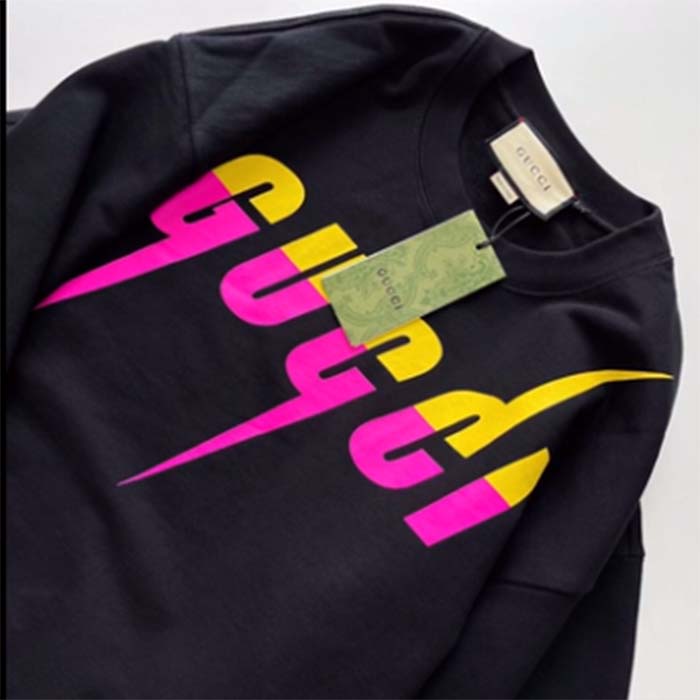 Gucci Women GG Cotton Jersey Printed Sweatshirt Black Felted Blade Print Crewneck Long Sleeves