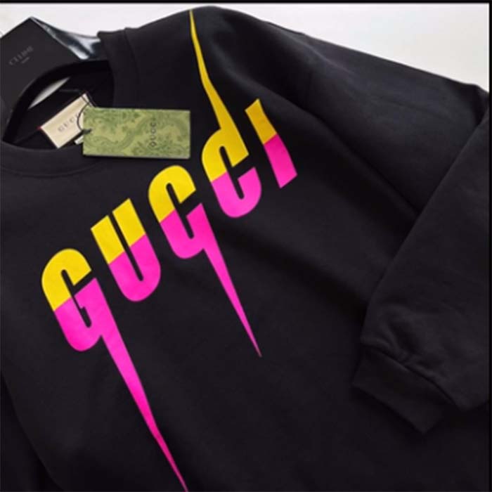 Gucci Women GG Cotton Jersey Printed Sweatshirt Black Felted Blade Print Crewneck Long Sleeves