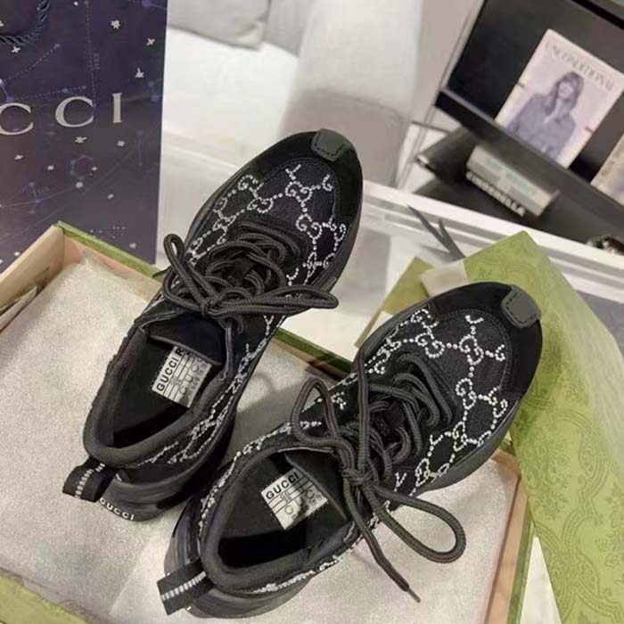 Gucci Unisex GG Gucci Run GG Crystal Mesh Sneaker Black Suede Mid 6 CM Heel
