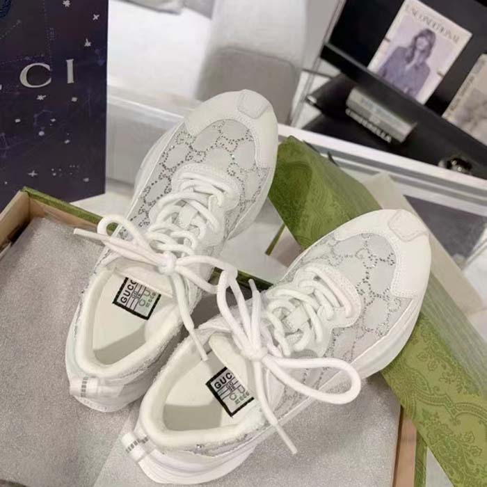 Gucci Unisex GG Gucci Run GG Crystal Mesh Sneaker White Suede Mid 6 CM Heel
