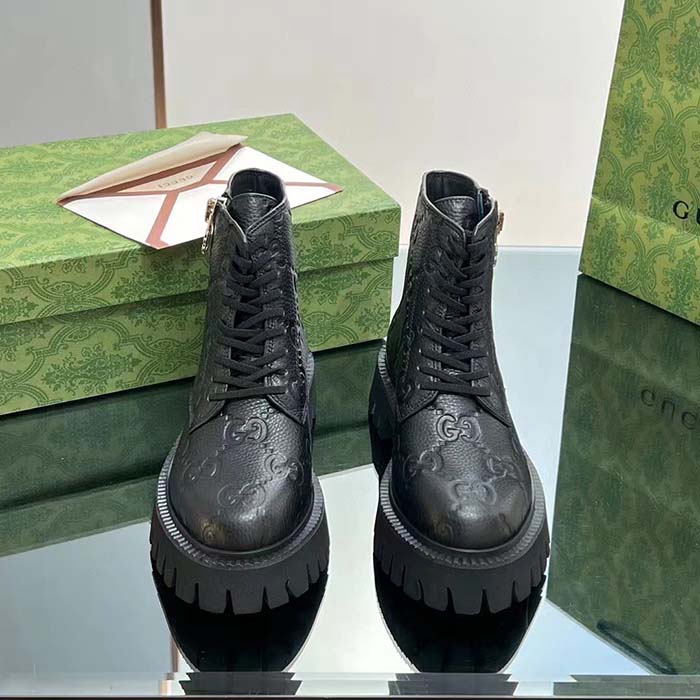Gucci Unisex GG Leather Boots Rubber Lug Sole Lace-Up Interlocking G Flats