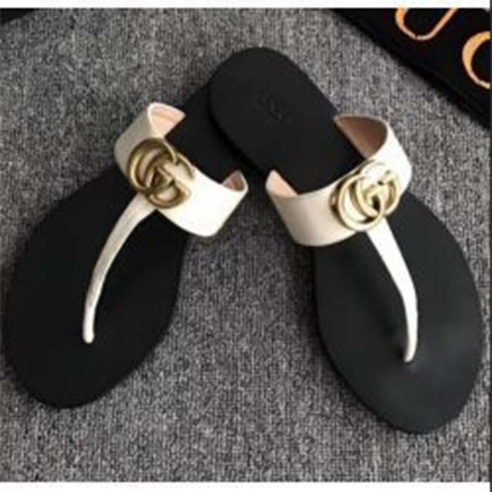 Gucci Unisex GG Leather Thong Sandal Double G White Leather Interlocking G Flat