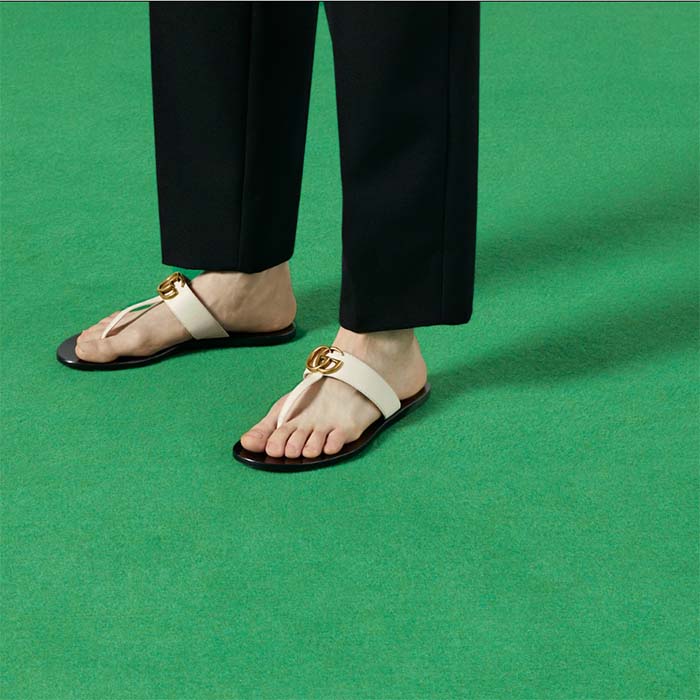 Gucci Unisex GG Leather Thong Sandal Double G White Leather Interlocking G Flat