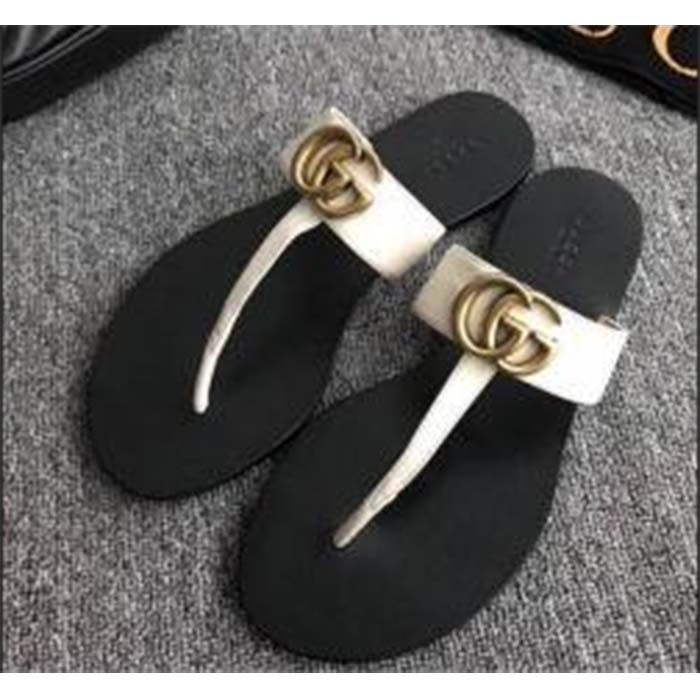 Gucci Unisex GG Leather Thong Sandal Double G White Leather Interlocking G Flat