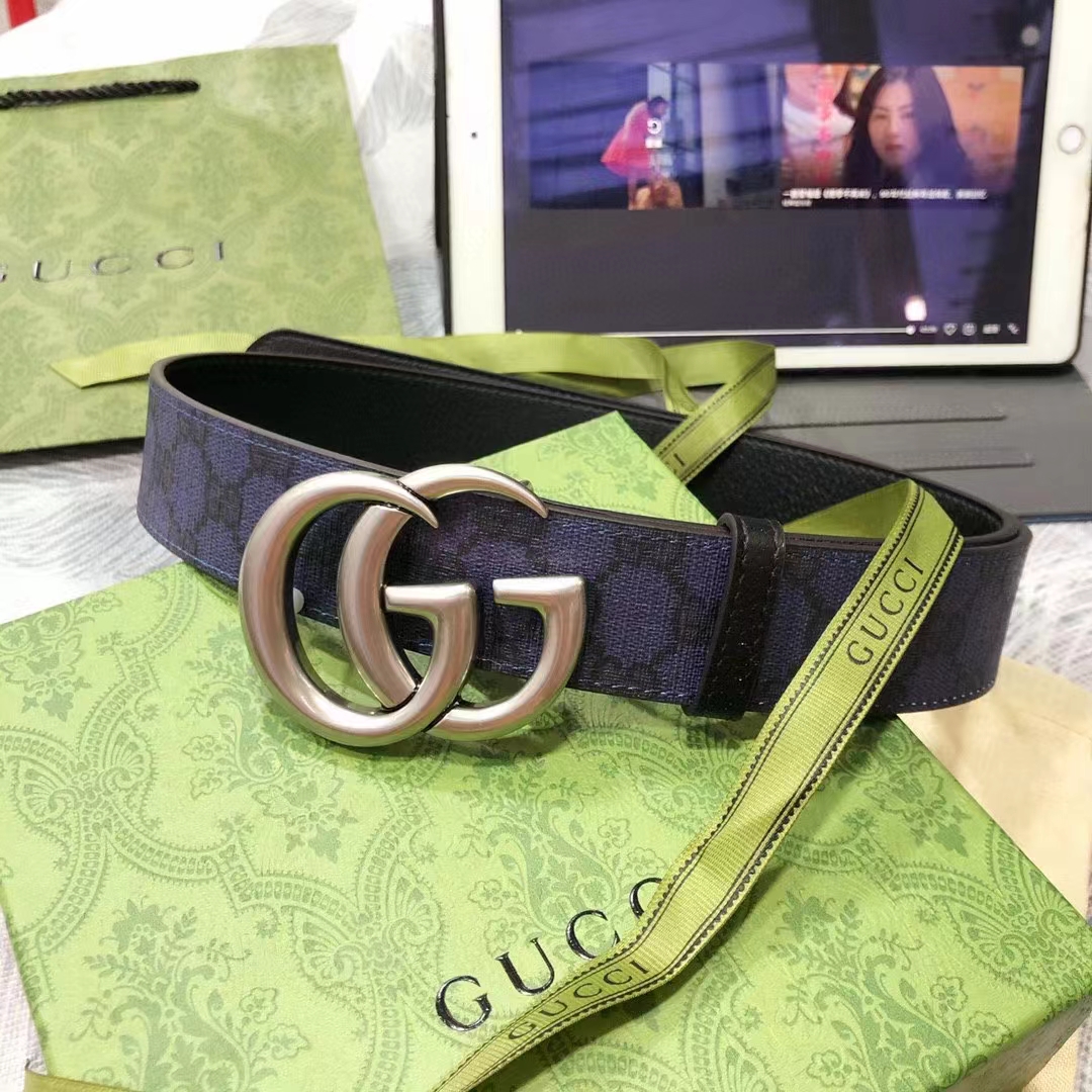 Gucci Unisex GG Marmont Reversible Belt Dark Blue Supreme Canvas Double G Buckle