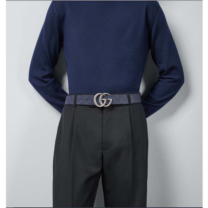 Gucci Unisex GG Marmont Reversible Belt Dark Blue Supreme Canvas Double G Buckle