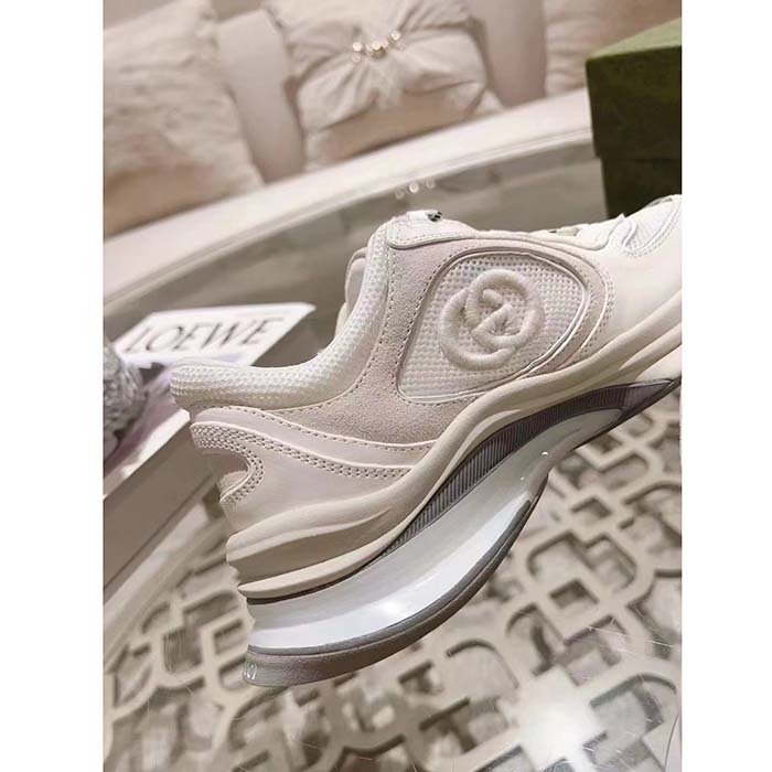 Gucci Unisex GG Run Sneaker White Suede Interlocking G Bi-Color Rubber Lace-Up Low-Heel