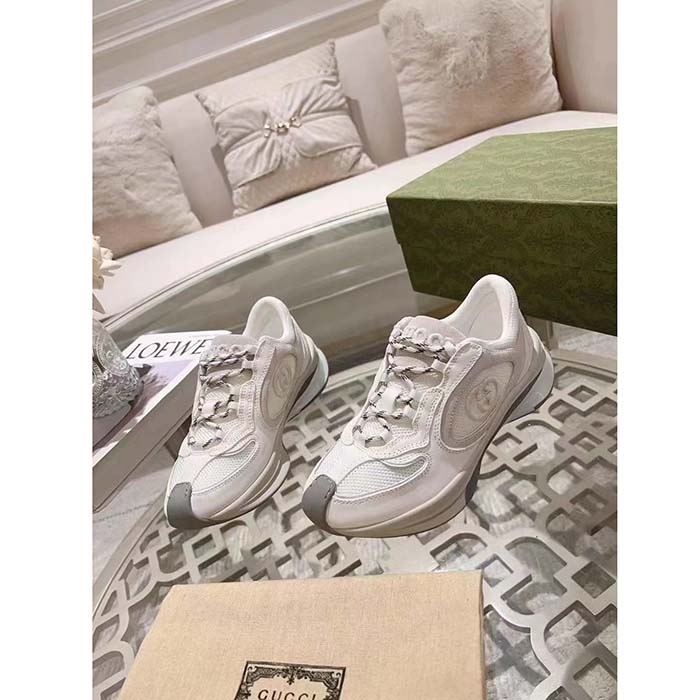 Gucci Unisex GG Run Sneaker White Suede Interlocking G Bi-Color Rubber Lace-Up Low-Heel