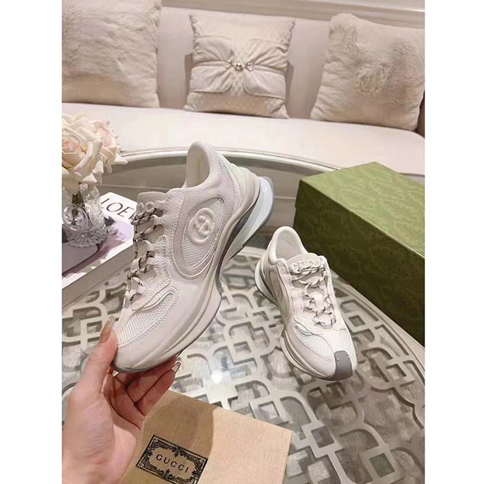 Gucci Unisex GG Run Sneaker White Suede Interlocking G Bi-Color Rubber Lace-Up Low-Heel