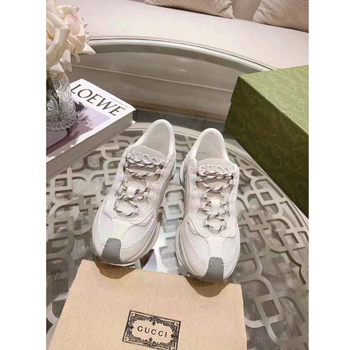 Gucci Unisex GG Run Sneaker White Suede Interlocking G Bi-Color Rubber Lace-Up Low-Heel