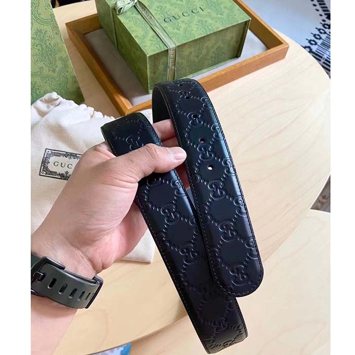 Gucci Unisex GG Signature Leather Belt Black Interlocking G Buckle 3.8 CM Width