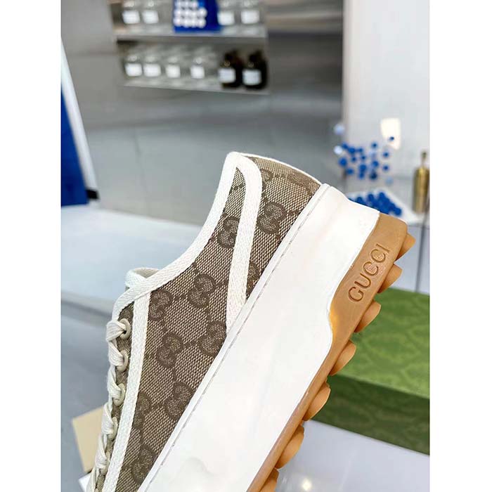 Gucci Unisex GG Sneaker Beige Ebony Original GG Canvas Rubber Sole Interlocking G Flat