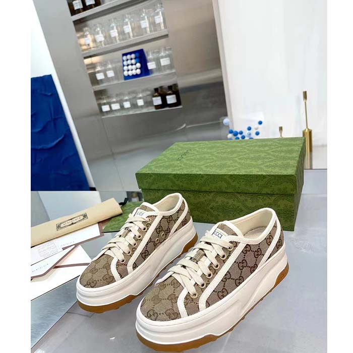 Gucci Unisex GG Sneaker Beige Ebony Original GG Canvas Rubber Sole Interlocking G Flat