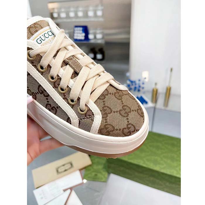 Gucci Unisex GG Sneaker Beige Ebony Original GG Canvas Rubber Sole Interlocking G Flat