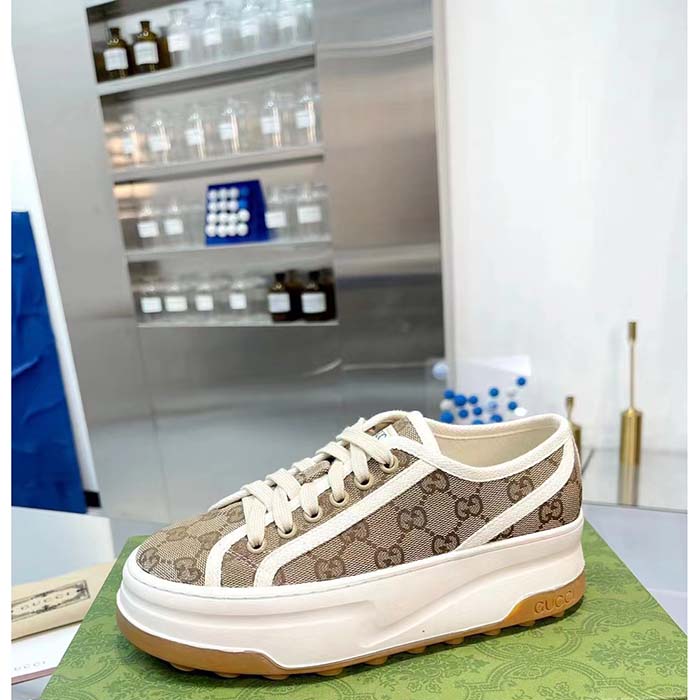 Gucci Unisex GG Sneaker Beige Ebony Original GG Canvas Rubber Sole Interlocking G Flat