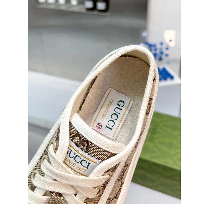 Gucci Unisex GG Sneaker Beige Ebony Original GG Canvas Rubber Sole Interlocking G Flat