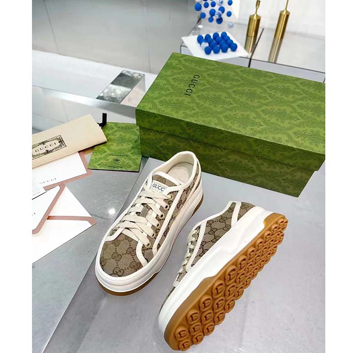Gucci Unisex GG Sneaker Beige Ebony Original GG Canvas Rubber Sole Interlocking G Flat