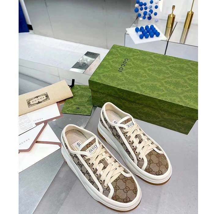 Gucci Unisex GG Sneaker Beige Ebony Original GG Canvas Rubber Sole Interlocking G Flat