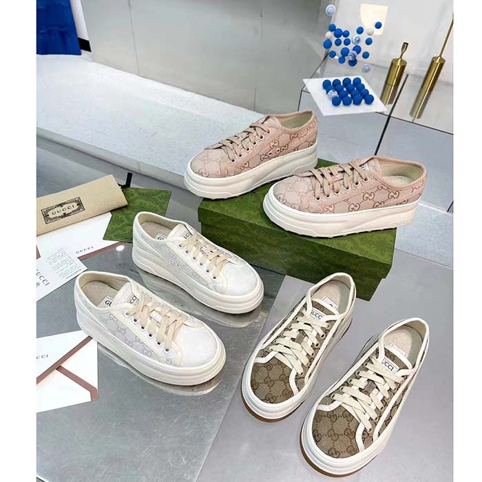 Gucci Unisex GG Sneaker Beige Ebony Original GG Canvas Rubber Sole Interlocking G Flat