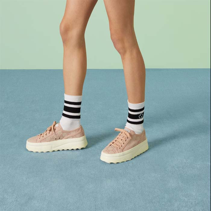 Gucci Unisex GG Sneaker Pink Original GG Canvas Rubber Sole Interlocking G Flat