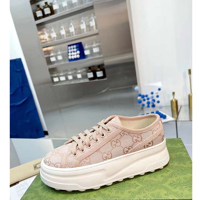 Gucci Unisex GG Sneaker Pink Original GG Canvas Rubber Sole Interlocking G Flat