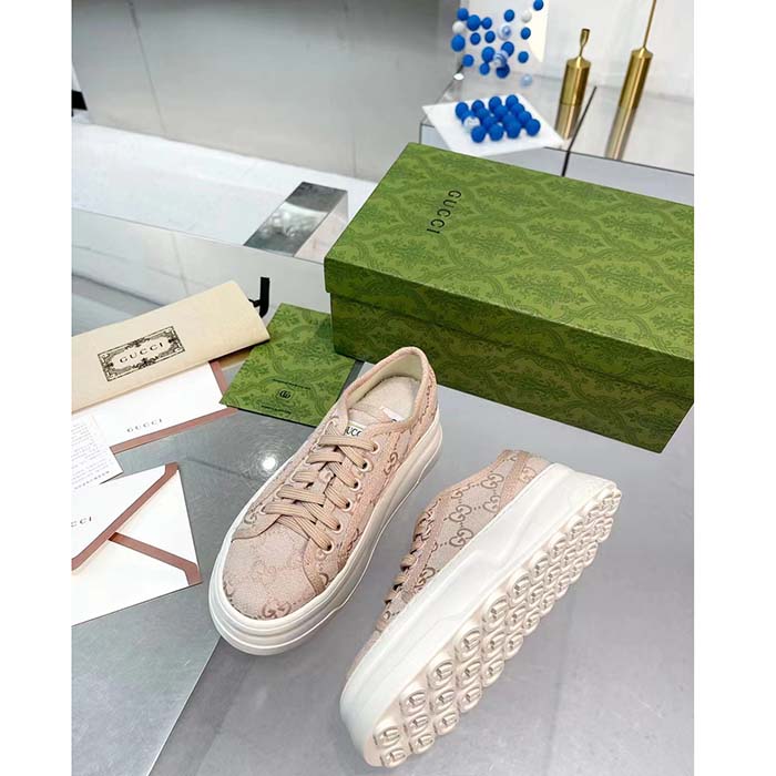 Gucci Unisex GG Sneaker Pink Original GG Canvas Rubber Sole Interlocking G Flat
