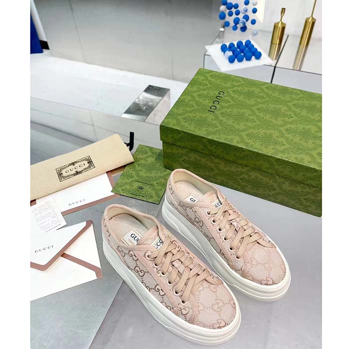 Gucci Unisex GG Sneaker Pink Original GG Canvas Rubber Sole Interlocking G Flat