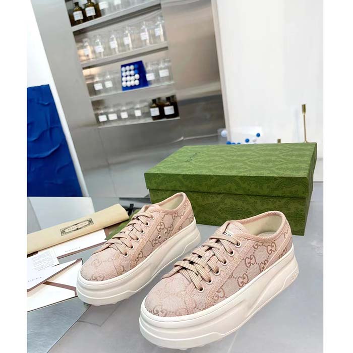 Gucci Unisex GG Sneaker Pink Original GG Canvas Rubber Sole Interlocking G Flat