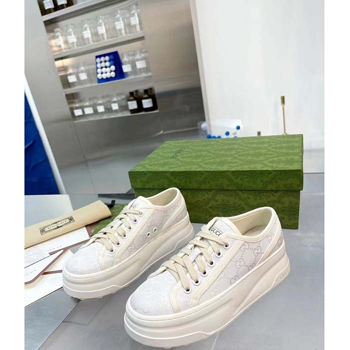 Gucci Unisex GG Sneaker White Original GG Canvas Rubber Sole Interlocking G Flat