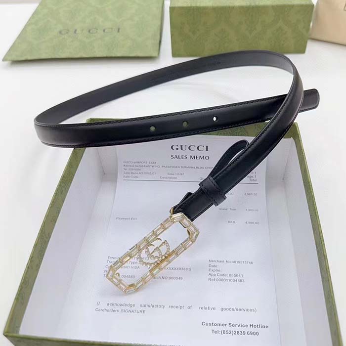 Gucci Unisex GG Thin Belt Crystal Double G Buckle Black Leather 2 CM Width