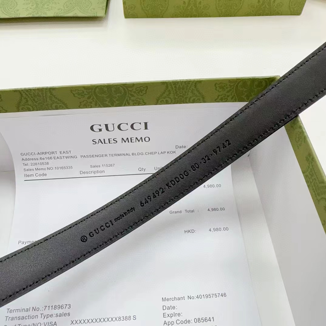 Gucci Unisex GG Thin Belt Crystal Double G Buckle Black Leather 2 CM Width