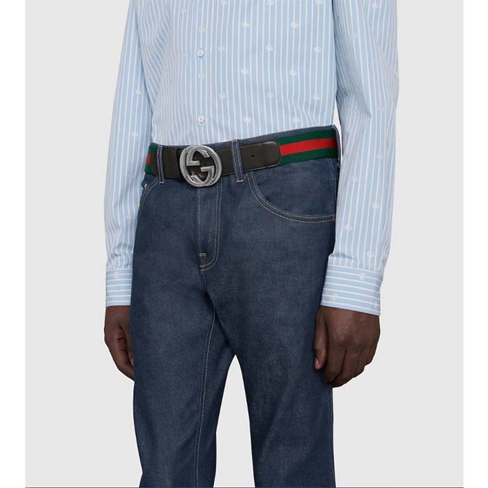 Gucci Unisex GG Web Belt Interlocking G Buckle Green Red Web Black Leather 3.8 CM Width