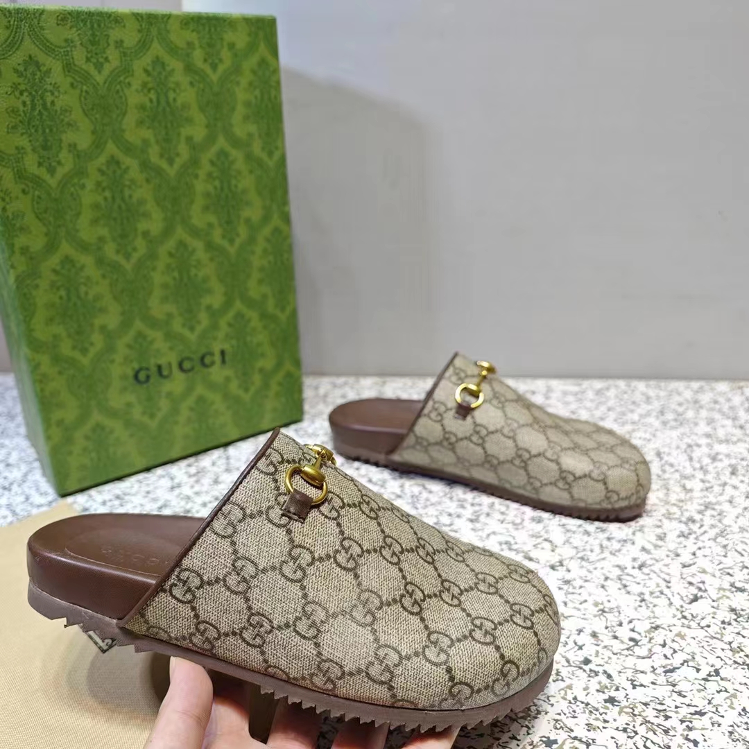 Gucci Unisex Horsebit Slipper Beige Ebony GG Supreme Leather Horsebit Flat 1 CM Heel