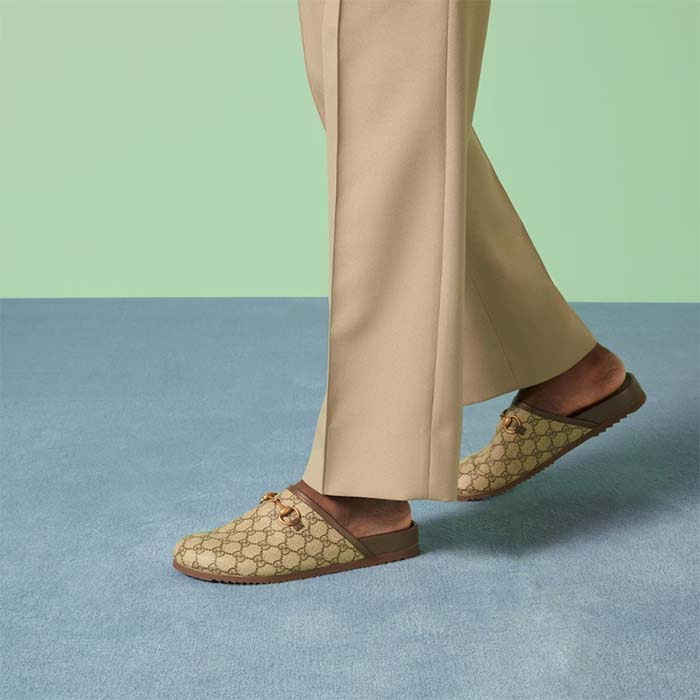 Gucci Unisex Horsebit Slipper Beige Ebony GG Supreme Leather Horsebit Flat 1 CM Heel