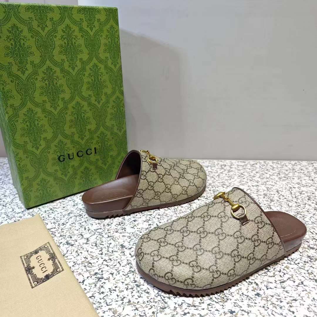 Gucci Unisex Horsebit Slipper Beige Ebony GG Supreme Leather Horsebit Flat 1 CM Heel